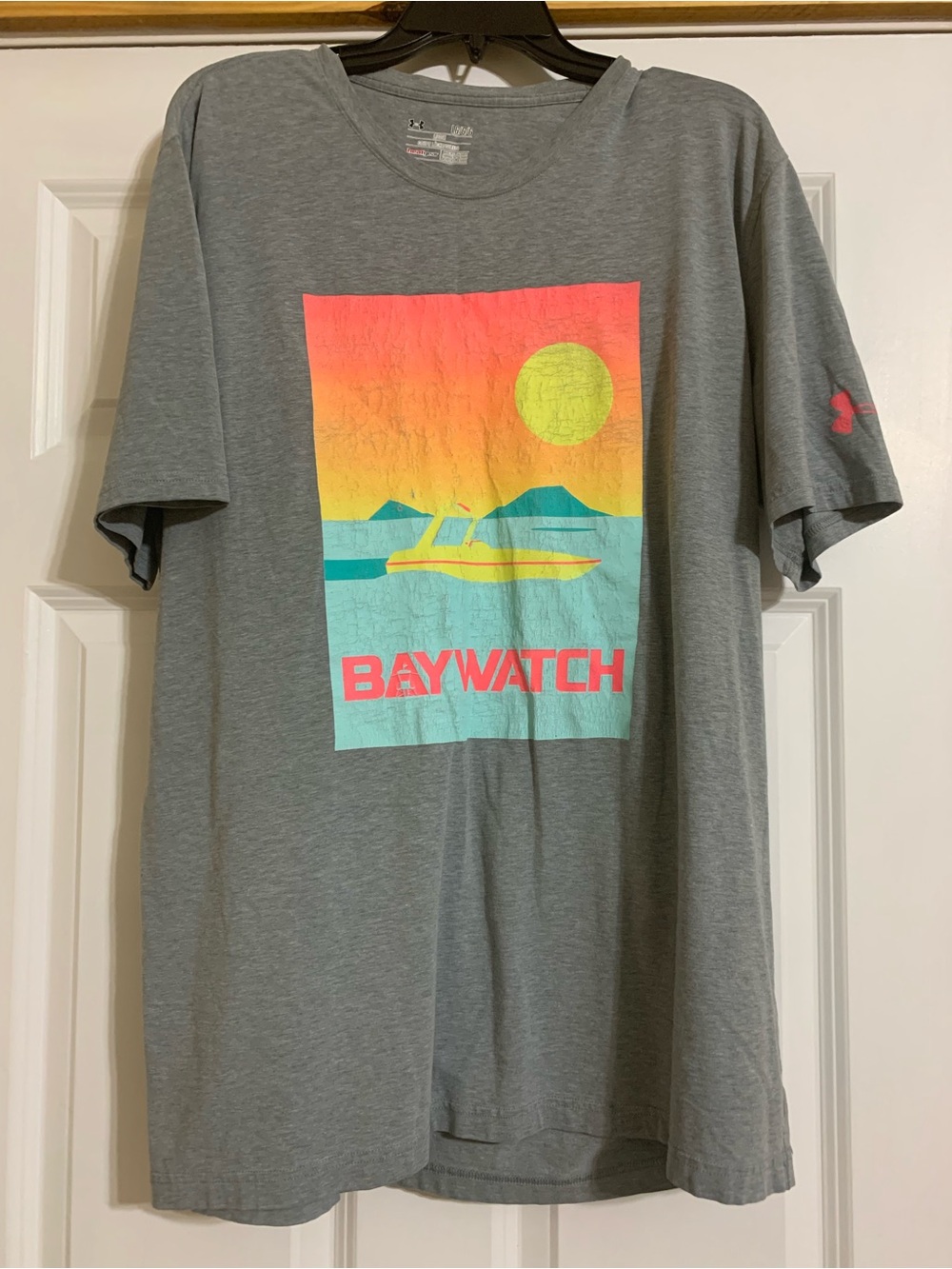 Under Armor Gray Tee with Neon Sunset Baywatch Graphic
